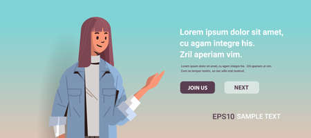 young girl in casual clothes pointing hand at something female character making presentationのイラスト素材