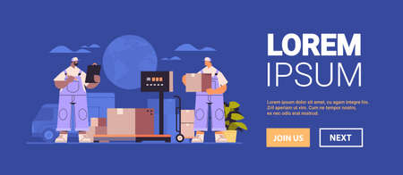 mix race deliverymen in uniform checks parcels in warehouse express delivery cargo logistics postal serviceのイラスト素材