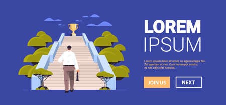 businessman walking up stairway to golden trophy cup business man win prize path to successful growth victoryのイラスト素材