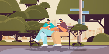 couple drinking coffee during meeting in urban park man woman sitting on wooden bench cityscape backgroundのイラスト素材