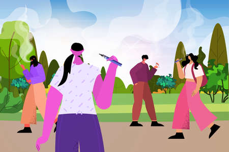 people smoking e-cigarettes in park bad habits unhealthy lifestyle nicotine addiction concept landscape backgroundのイラスト素材