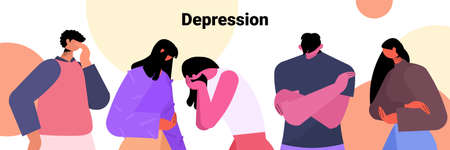 tired depressed people unhappy men women group feeling desperate mental health diseases depression conceptのイラスト素材