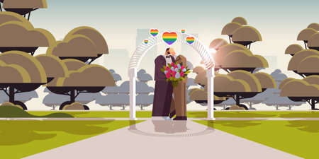newlywed gay couple with flowers kissing near wedding arch transgender love LGBT community wedding celebrationのイラスト素材