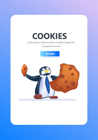 cute penguin holding cookie protection of personal information internet web pop up we use cookies policy notificationのイラスト素材