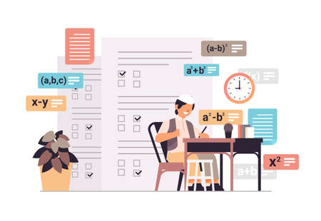 arab schoolboy making homework little boy studying solving mathematical examples back to school educationのイラスト素材