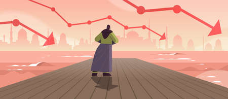 rear view arab businesswoman standing on wooden pier and looking to sea business and challenge...