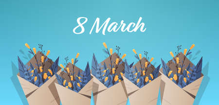 set bouquets of yellow flowers 8 march happy womens day celebration concept greeting card horizontalのイラスト素材