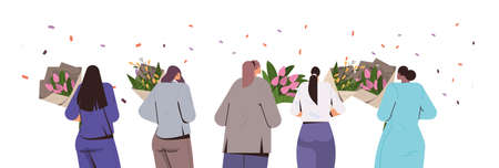 mix race girls walking with flowers bouquets in park 8 march international happy womens day celebration conceptのイラスト素材