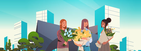 mix race girls with flowers bouquets in park 8 march international happy womens day celebration conceptのイラスト素材