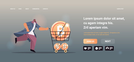 businessman pushing trolley cart with crashed bitcoins cryptocurrency crash price collapse crypto loss investment risk crisisのイラスト素材