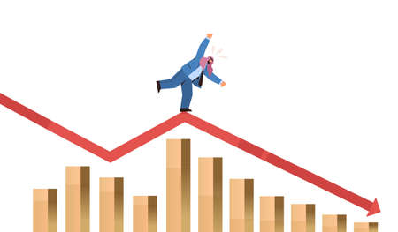 arab businessman standing on downward red arrow recession financial crisis bankruptcy concept