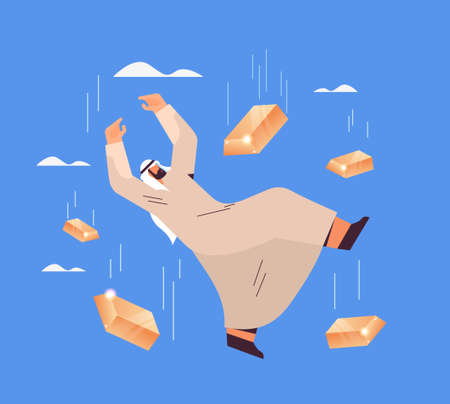 arab businessman investor with gold bars falling down gold market financial crisis concept full lengthのイラスト素材
