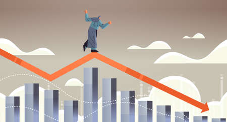 arab businesswoman standing on downward red arrow recession financial crisis bankruptcy concept