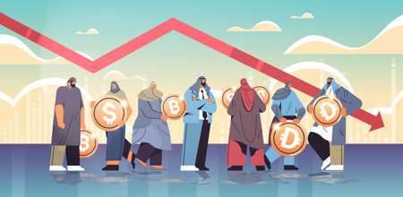 arab businesspeople with golden coins standing near downward red arrow recession financial crisis bankruptcyのイラスト素材