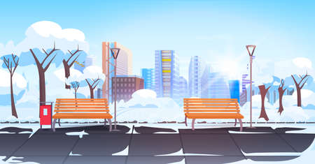urban park with wooden benches in winter season cityscape background horizontal vector illustrationのイラスト素材