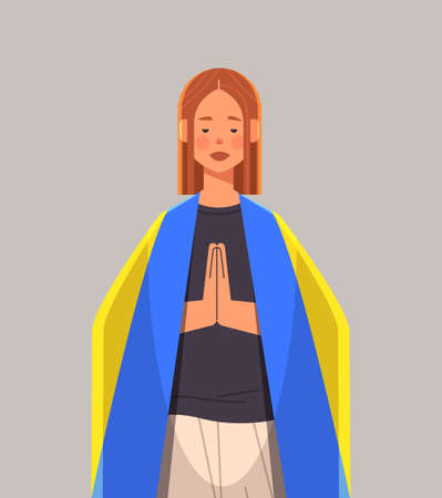 woman patriot with Ukrainian flag asking for help pray for Ukraine peace save Ukraine from russia stop war conceptのイラスト素材
