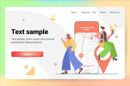 women using online navigation app on digital devices girls exploring route with location pin GPS pointersのイラスト素材