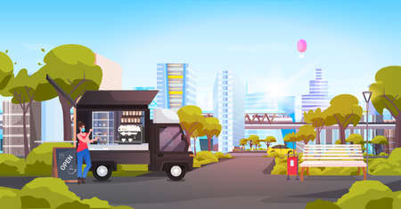 seller in mask standing near small bus street food market with cupcakes and coffee in urban park cityscapeのイラスト素材
