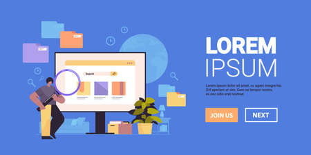 businessman using magnifying glass web page data analyzing man examining surface of browser window online searchのイラスト素材