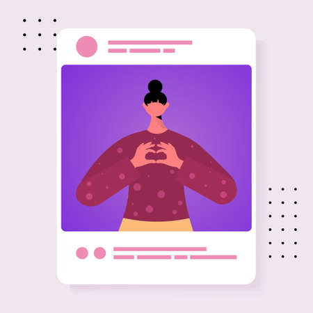 blogger showing heart gesture sharing photo at social network girl making post for followers social media addictionのイラスト素材