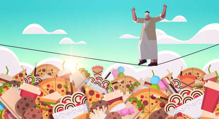 senior woman balancing on rope above junk food assortment of fast food unhealthy nutrition junkfood addictionのイラスト素材