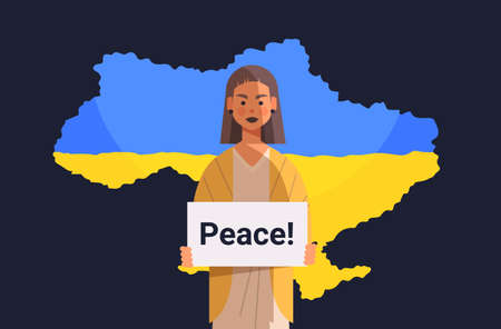 woman patriot holding protest banner pray for Ukraine peace save Ukraine from russia stop war conceptのイラスト素材