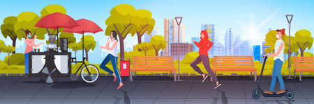 seller in mask standing near small street food market with cupcakes and coffee people relaxing in urban parkのイラスト素材