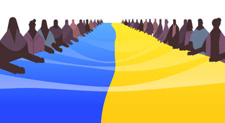 people silhouettes holding Ukrainian flag pray for Ukraine peace save Ukraine from russia stop war conceptのイラスト素材