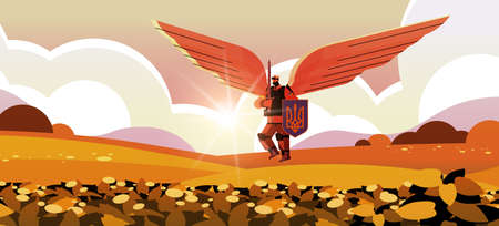 Ukrainian soldier in full body armor with wings and sword special forced Ukrainian defender in military clothのイラスト素材