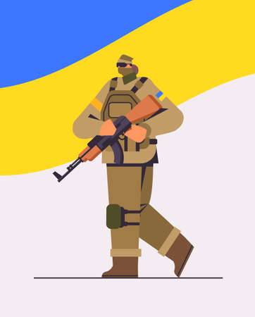 Ukrainian soldier in full body armor special forced Ukrainian defender in military cloth armed forces of Ukraine stop warのイラスト素材
