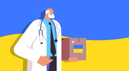 doctor holding help boxes with medical supplies humanitarian aid material assistance governmental helpのイラスト素材