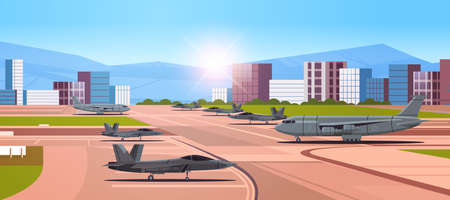 jet-powered strategic bomber planes special battle transport on military airport runway and aviation controlのイラスト素材