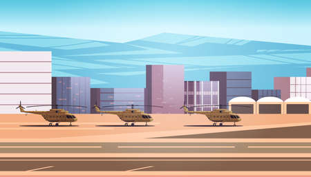 green helicopters special battle transport on military airport runway and aviation control point stop war against Ukraineのイラスト素材