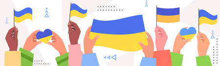 mix race people hands holding Ukrainian flags pray for Ukraine peace save Ukraine from russia stop war conceptのイラスト素材
