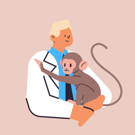 scientist or veterinary worker doing experiments in lab with experimental monkey biological genetic...