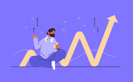businessman analyzing curved financial arrow successful business development concept employee correcting direction of graphicのイラスト素材