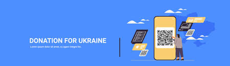 woman scanning qr code on smartphone screen help Ukraine anti war donation to Ukrainian army donate...