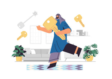 arab man holding big key buying or renting new apartment house or car vehicle sale real estate rent conceptのイラスト素材