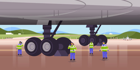 aviation marshallers using walkie talkie air traffic controllers airline worker in signal vests professional airport staffのイラスト素材