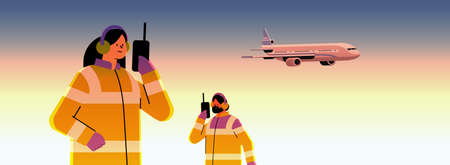airport workers marshallers communicating over walkie-talkie with air traffic control while airplane flying in sky professional airport staffのイラスト素材