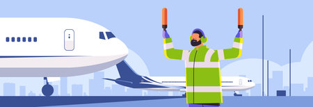 aviation marshaller supervisor near aircraft air traffic controller airline worker in signal vest professional airport staffのイラスト素材