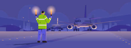 aviation marshaller with light sticks near aircraft air traffic controller airline worker in signal vest professional airport staffのイラスト素材