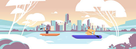 man woman rowing small boat couple paddling canoe kayaking canoeing paddling active vacation summer activityのイラスト素材
