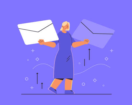 woman holding paper envelopes new mail message communication concept businesswoman sending or receiving letterのイラスト素材