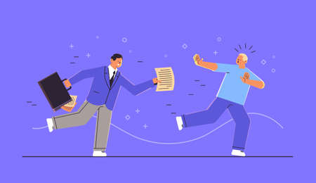 businessman running away from man employee with claim form paper document avoiding business expenses conceptのイラスト素材