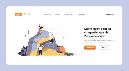 people on top of mountain hiking trip adventure active summer vacation hike journey concept horizontalのイラスト素材