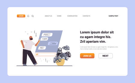 man chatting on digital screen guy using chat app social media network online communication concept horizontalのイラスト素材