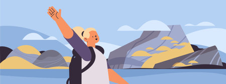 woman hiker waving hand hiking trip adventure active summer vacation hike journey conceptのイラスト素材