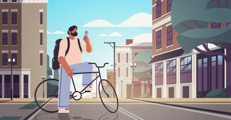 young man with bike using smartphone sportsman riding bicycle workout healthy lifestyle digital addiction conceptのイラスト素材