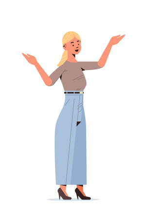 young businesswoman raising hands up female character standing poseのイラスト素材